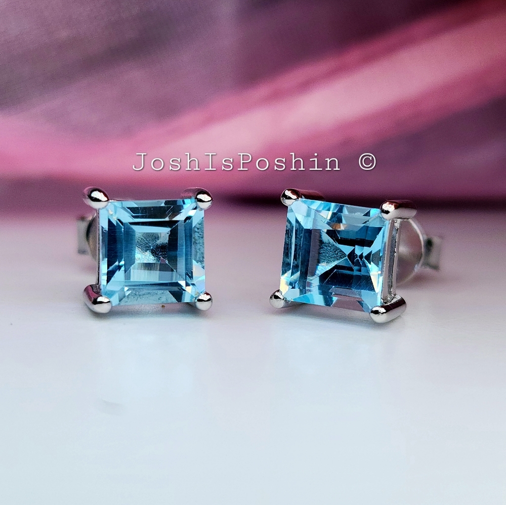 2.8CTW Natural blue topaz solitaire stud earrings in sterling silver
